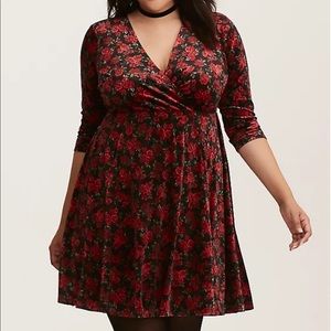 Torrid black red green velvet faux wrap dress